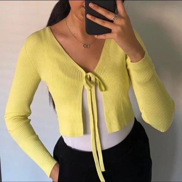Zara Rib Knit Cropped Front Tie Cardigan Yellow Lime Green S - Picture 5 of 10